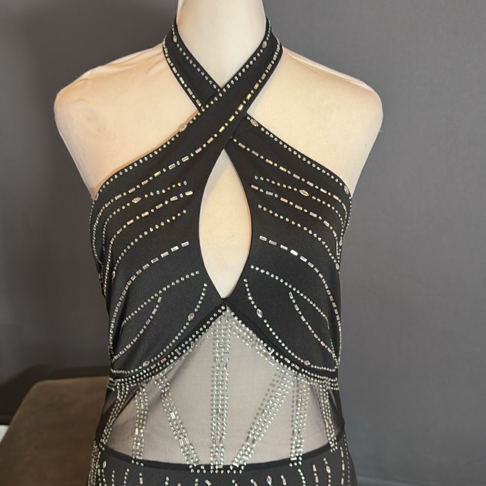Black BodyCon Halter Neck Mini Party Dress Feather Hem Rhinestones Size M NEW - Picture 3 of 15